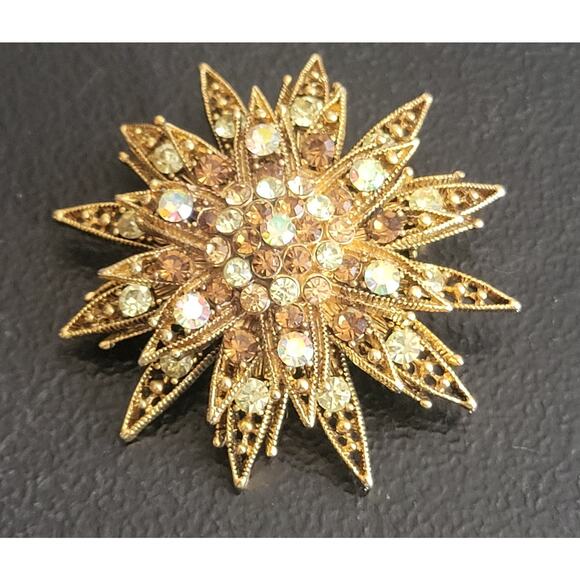 Starburst Brooch Pin Gold Tone Brown and White Rhinestones - Picture 1 of 9
